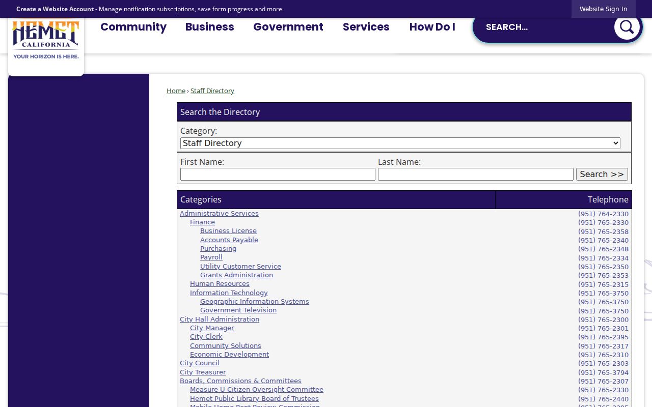 Hemet people directories city staff search fields and department categories