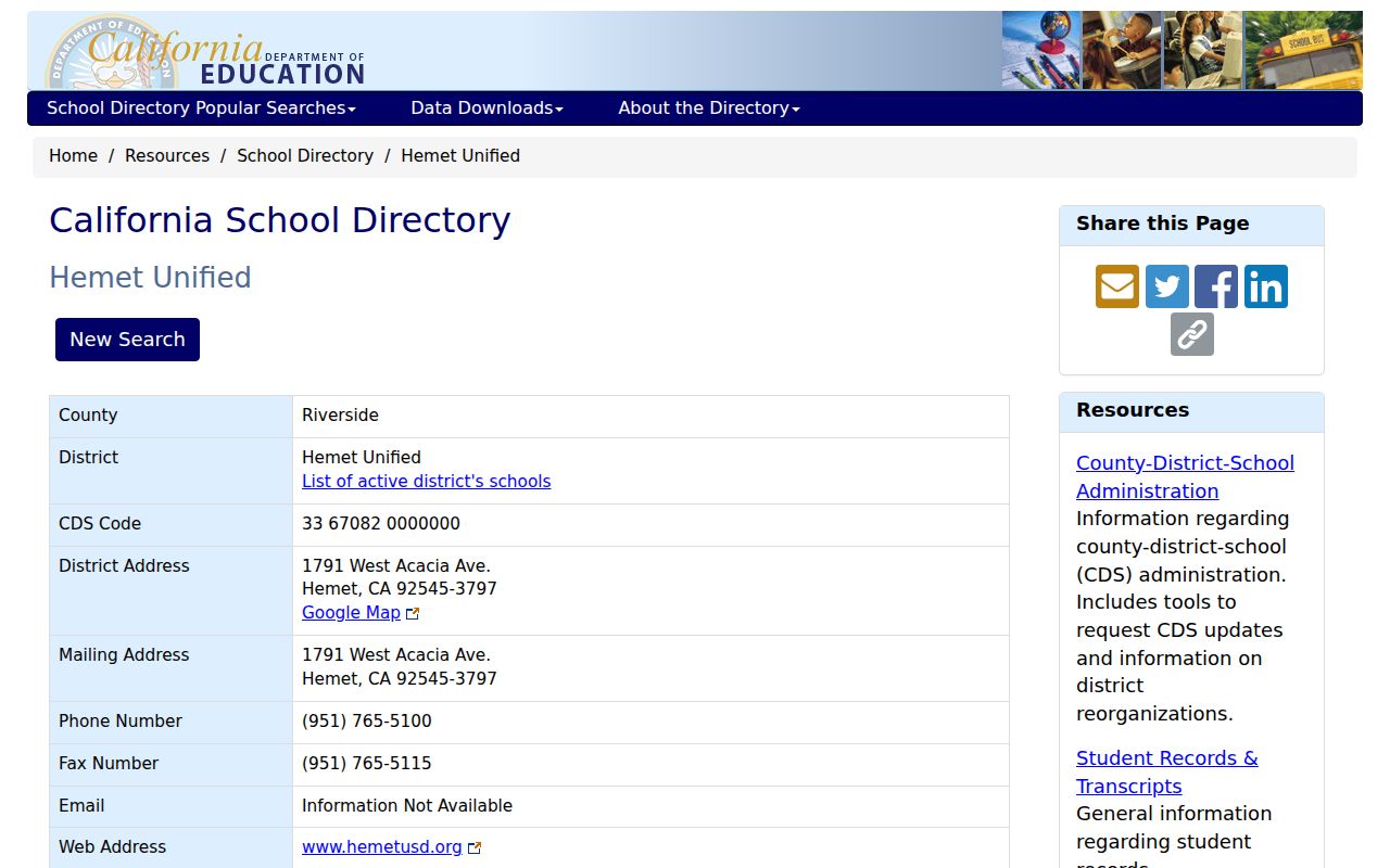 Hemet people directories California education department district officials listing