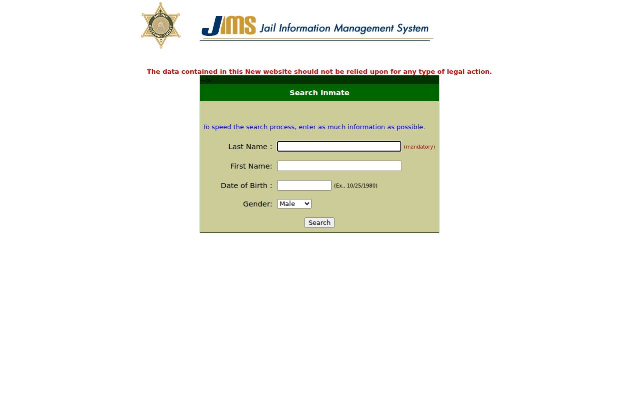 Hemet custody records lookup fields in the Riverside Sheriff inmate system