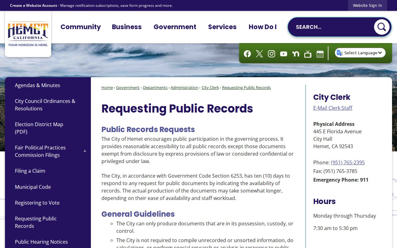Hemet public records request instructions and City Clerk channels