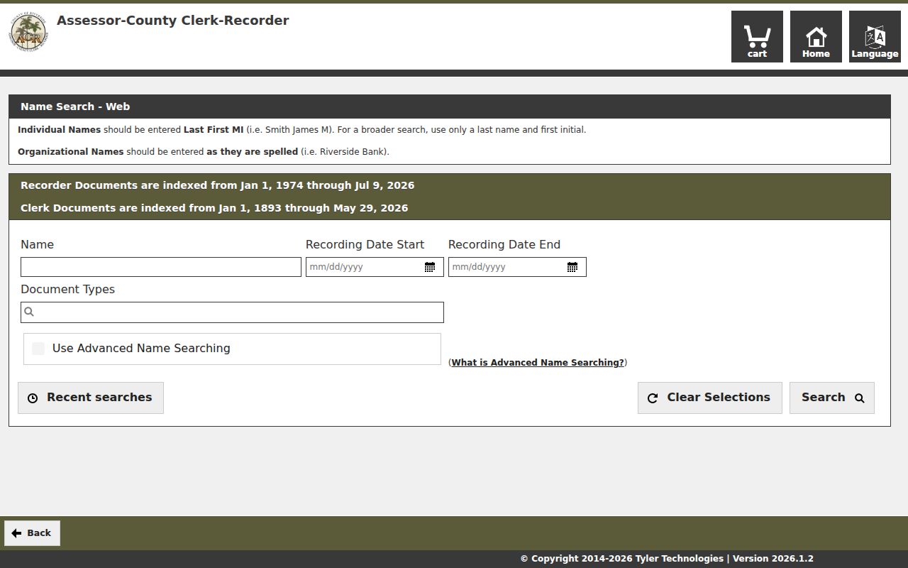Hemet recorder records name search in the Riverside ACR portal